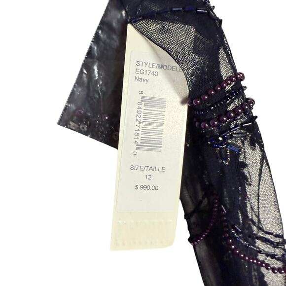 Badgley Mischka Navy Blue Beaded Long Sleeve Bateau Neck Train Gown Size 12 - Picture 13 of 16